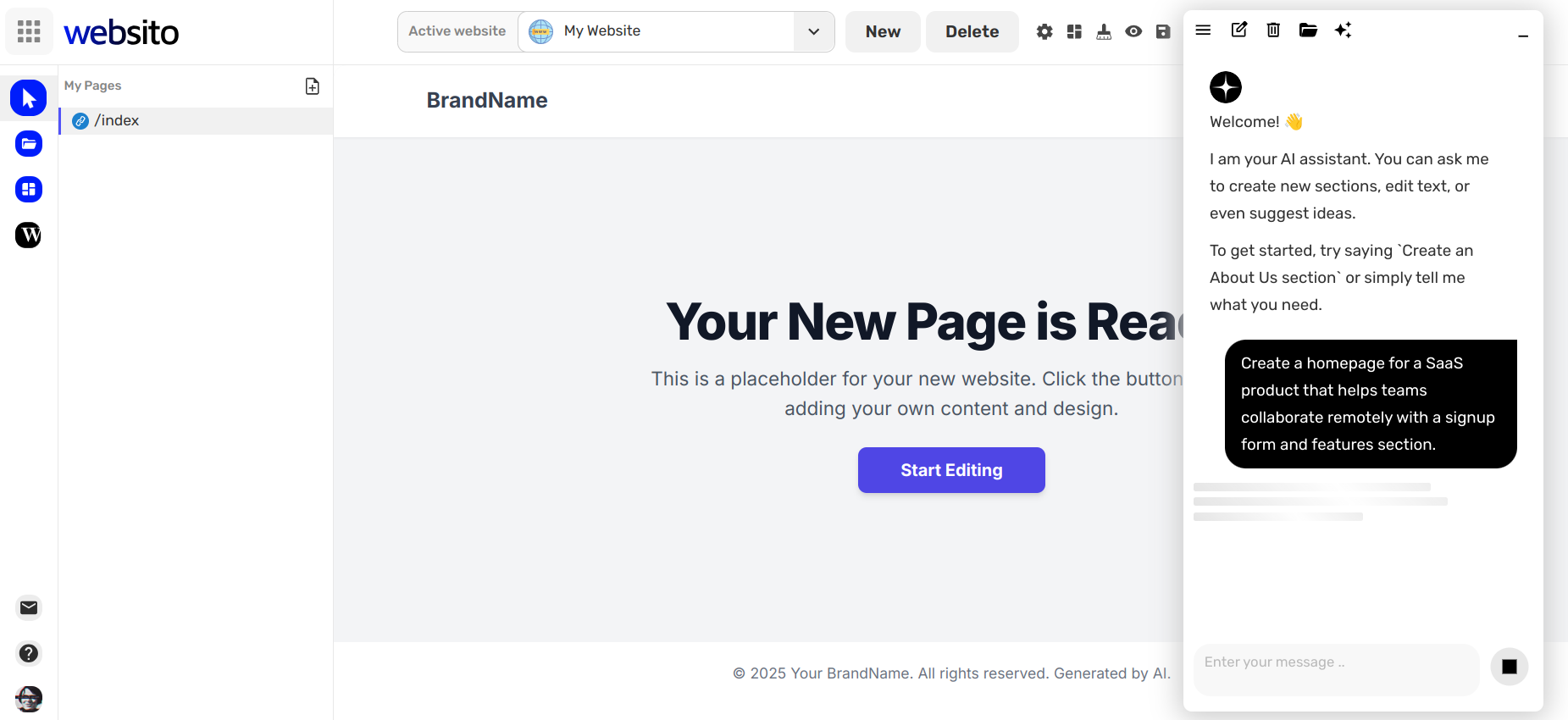 Example of prompt input in Websito editor