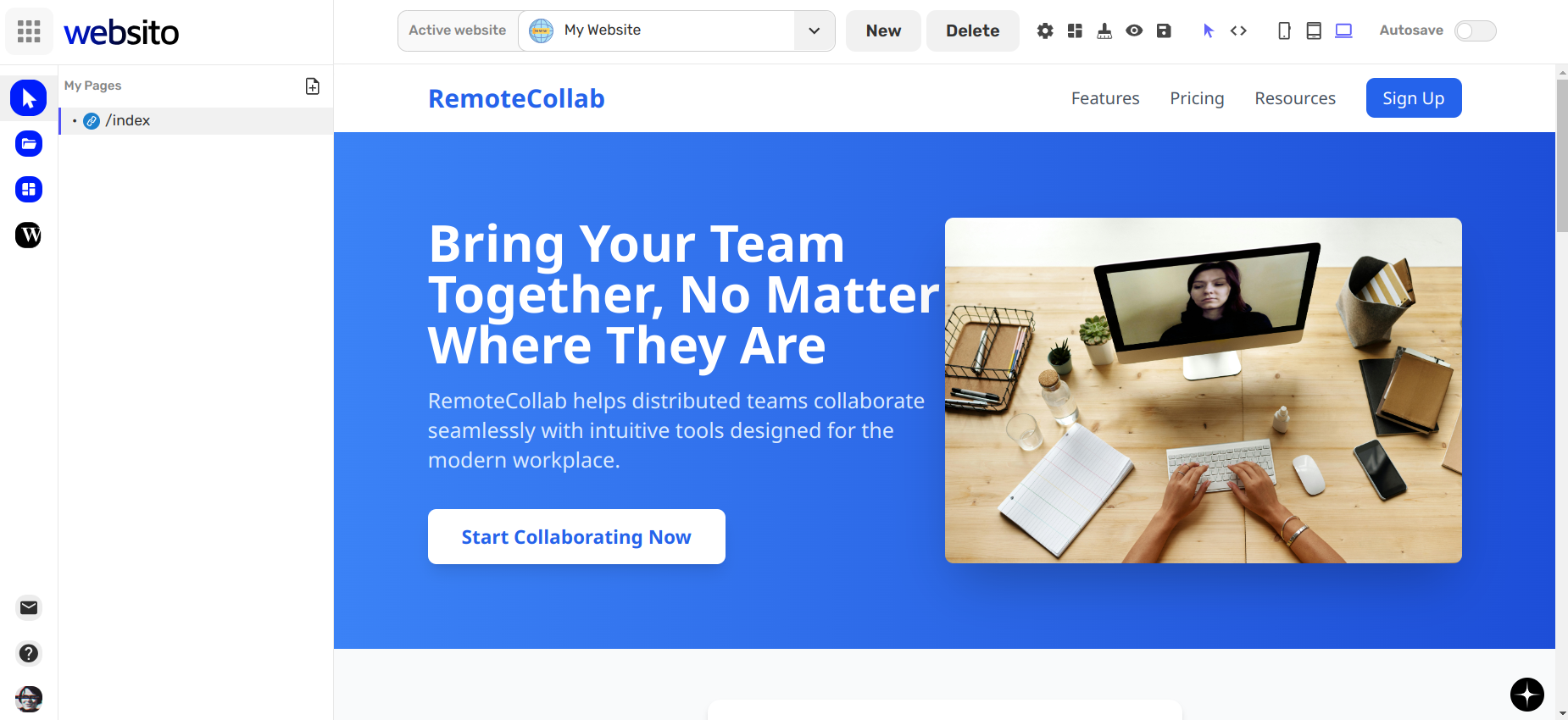 Resulting homepage generated by Websito from prompt